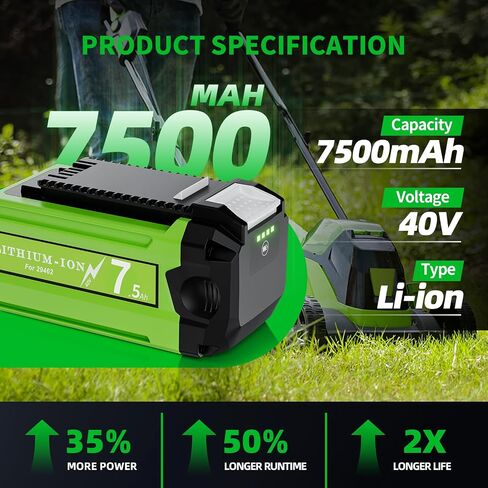 2 Pack Replacement for Greenworks 40V Battery, Compatible with Greenworks 40 Volt Battery 7500mAh, Fits 29462 29472 29252 20202 22262 25312 25322 G-MAX Cordless Outdoor Power Tools in Kuwait