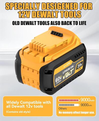 2Pack 9.0Ah Replacement for Dewalt 60V FlexVolt Battery Compatible with Dewalt 20V Battery and Charger DCB609 DCB606 DCB612 DCB200 DCB201 DCB203 DCB204 DCB206 DCB207 DCB209 Cordless Tools in Kuwait