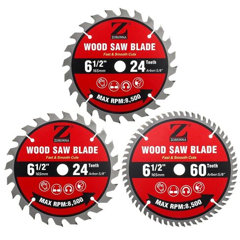ZORUNNA 3Pcs 6 1/2 Inch Circular Saw Blade Set, Wood Saw Blade, 5/8 Arbor | Smooth Clean Cutting with Tungsten Carbide Tipped, 24T Framing & 60T Fine Finish, for Plywood Aluminum Acrylic PVC OSB DIY in Saudi Arabia