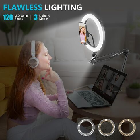 مصباح حلقي LED مقاس 10 بوصات للمكتب، حامل هاتف علوي مع مصباح حلقة سيلفي وحامل هاتف، مصابيح استوديو مثبتة على الهاتف العلوي للتصوير الفوتوغرافي وتسجيل الفيديو والبث المباشر والمكياج in Kuwait