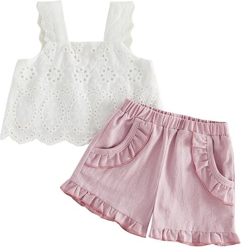 Toddler Baby Girl Summer Outfit Lace Eyelet White Crop Tank Tops Ruffle Shorts Gingham Set 2Pcs Casual Clothes 6M-4Y in Saudi Arabia