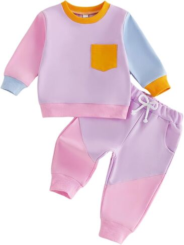 Fernvia Toddler Baby Girl Fall Clothes Long Sleeve Contrast Color Outfits | Crew Neck,Cotton Blend,Sweatshirt and Elastic Waist 2Pcs Pants Set,6 12 18 24 Months 2T 3T 4T 5T Girls Clothing,Casual in Saudi Arabia