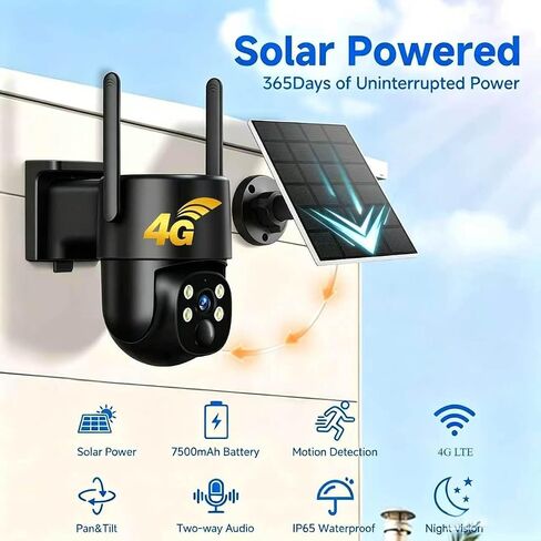 4G LTE Solar Security Camera Wireless Outdoor,5MP 360° PTZ Panoramic with AI Human Detection Auto Tracking,Color Night Vision, Two-Way Audio,Waterproof,7500mAh Battery Built,TF/Cloud Storage in Kuwait