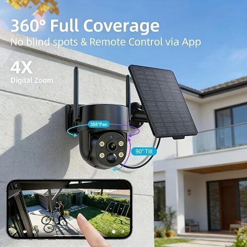 4G LTE Solar Security Camera Wireless Outdoor,5MP 360° PTZ Panoramic with AI Human Detection Auto Tracking,Color Night Vision, Two-Way Audio,Waterproof,7500mAh Battery Built,TF/Cloud Storage in Kuwait
