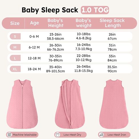 Unnivoll Baby Sleep Sack 6-12 Months 1.0 Tog Baby Wearable Blanket Cotton Sleeping Sack Quilted Baby Sleep Bag with 2-Way Zipper for Infant Newborn Pink in Saudi Arabia