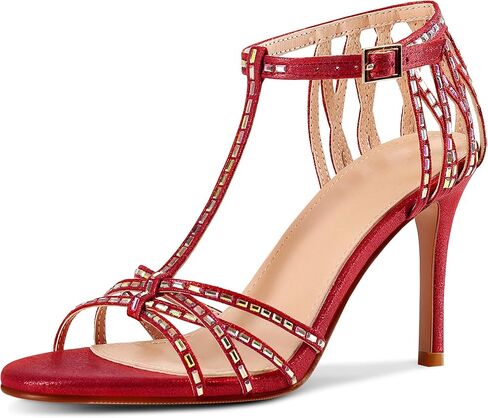 Women's High Heel Sandals, Rhinestone T-Strap Round Open Toe Stiletto Sandals, 3.9 Inch Ankle Strap Elegant Heels for Wedding Party Dress in Saudi Arabia