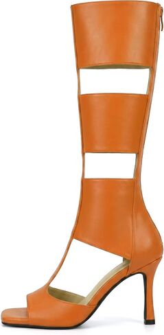 Women’s Gladiator Knee High Heels Square Open Toe Cutout Sandal Boots Stiletto Dress Shoes with Back Zipper for Club, Prom and Night Out in Kuwait