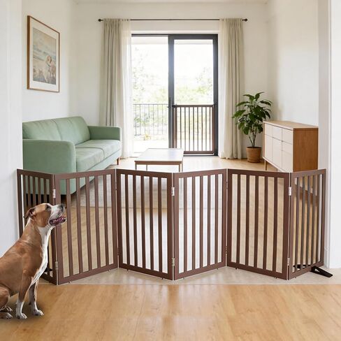 ZJSF Freestanding Indoor Dog Gate for House Foldable Wood Puppy Gate for Doorways Pet Gate for Stairs Extra Wide Pet Fence, Brown, 24" Height 3 Panels in Saudi Arabia