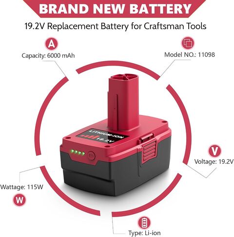 2 Pack 6000mAh High Capacity Battery Compatible for Craftsman 19.2 Volt Battery Compatible with Craftsman C3 XCP 11098 11375 11045 130279005 1323903 315.115410 315.11485 Fast Charging in Kuwait