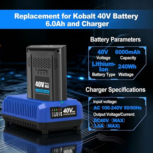 40v 6.0Ah Battery and Charger Kit Replace for Kobalt 40V Battery KB440-03 KB540-06 KB2540C-06 KB640-03 and Charger KRC40-06 KRC840-03 in Kuwait