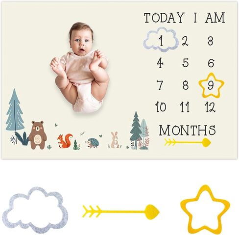 Cartoon Jungle Animal Baby Monthly Milestone Blanket Baby Shower Memory Picture Recording Blanket Newborn Growth Record Photo Shooting Background Prop, 60"x40" with Frame in Saudi Arabia