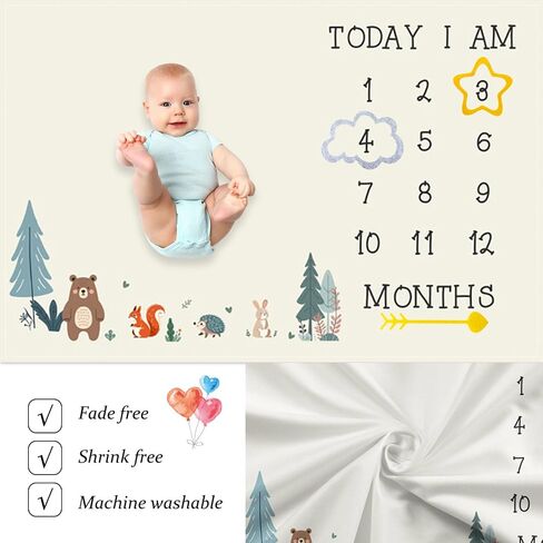 Cartoon Jungle Animal Baby Monthly Milestone Blanket Baby Shower Memory Picture Recording Blanket Newborn Growth Record Photo Shooting Background Prop, 60"x40" with Frame in Saudi Arabia