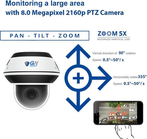 GW Security 16 Channel 8MP 4K 5X Motorized Zoom PTZ Security Camera System | UHD 12MP NVR With (8) 4K Face Recognition Human & Vehicle Detection 5X Optical Zoom Two-Way Audio IP PoE Pan Tilt Zoom Camera in Kuwait