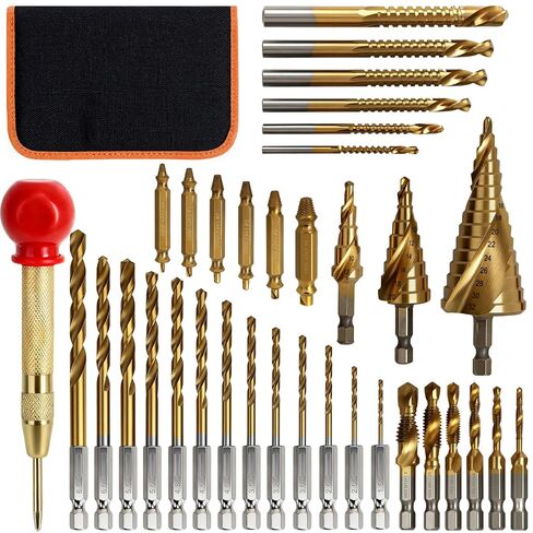 35 PCS Drill Bits Set, 3 Step Drill Bits, 13 Twist Drill Bits, 6 Taps(M3-M10) and 6 Screw Extractors, High Speed Steel Drill Bit Kit Titanium Coated Bits for Plastic Wood Metal, with Storage Bag in Saudi Arabia