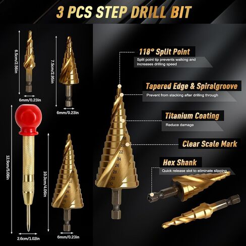 35 PCS Drill Bits Set, 3 Step Drill Bits, 13 Twist Drill Bits, 6 Taps(M3-M10) and 6 Screw Extractors, High Speed Steel Drill Bit Kit Titanium Coated Bits for Plastic Wood Metal, with Storage Bag in Saudi Arabia