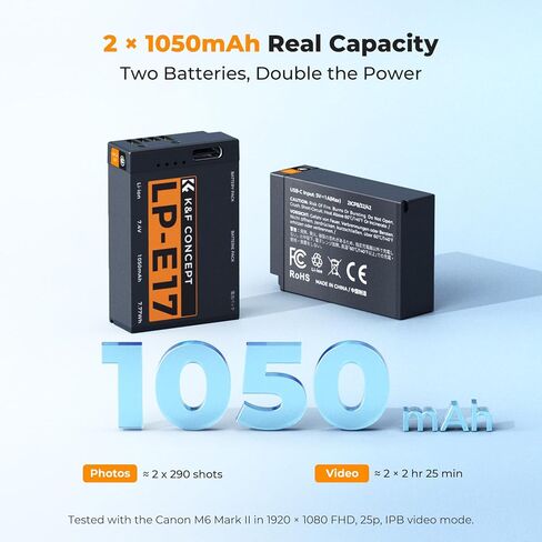 K&F CONCEPT 2-Pack LP-E17 Battery USB-C Fast Charge with LED Power Display | Compatible with Canon EOS R50 R100 R8 R10 RP, Rebel T8i T7i T6i T6s, PowerShot V1, SL2 SL3 M3 M5 M6 77D 200D 750D 800D Camera in Kuwait