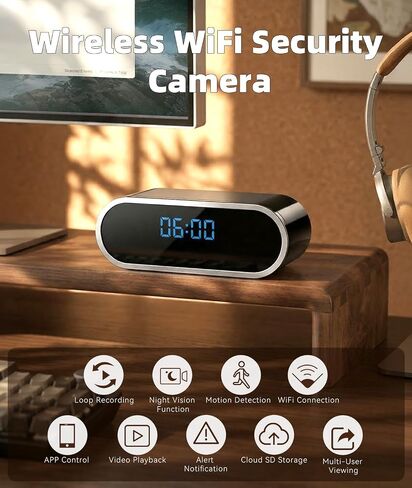 Wireless WiFi Indoor Security Camera with Clock for Home with App Control, Motion Detection, 150° Outdoor Camera with Night Vision & Loop Recording for Office/Shop/Pet/Garage,User-Friendly in Kuwait