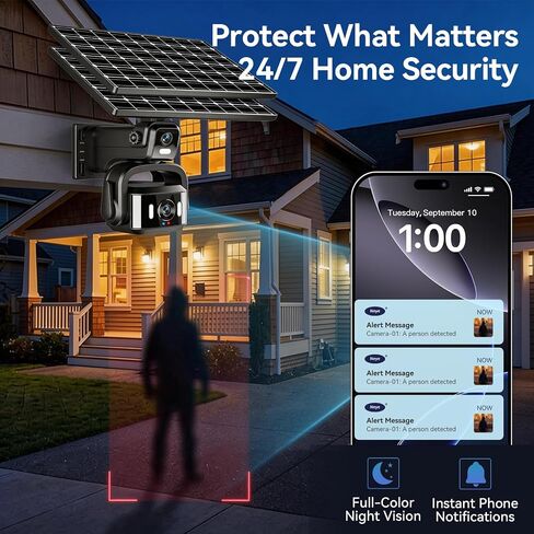 4G LTE Solar Security Camera Outdoor, Dual Lens 4K 8MP Wireless Camera with Dual Solar Panels, No WiFi Needed, 360° PTZ Color Night Vision, PIR Motion Detection, 2-Way Audio for Farm in Saudi Arabia