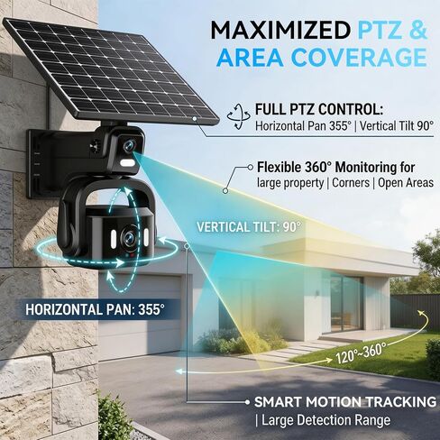 4G LTE Solar Security Camera Outdoor, Dual Lens 4K 8MP Wireless Camera with Dual Solar Panels, No WiFi Needed, 360° PTZ Color Night Vision, PIR Motion Detection, 2-Way Audio for Farm in Saudi Arabia