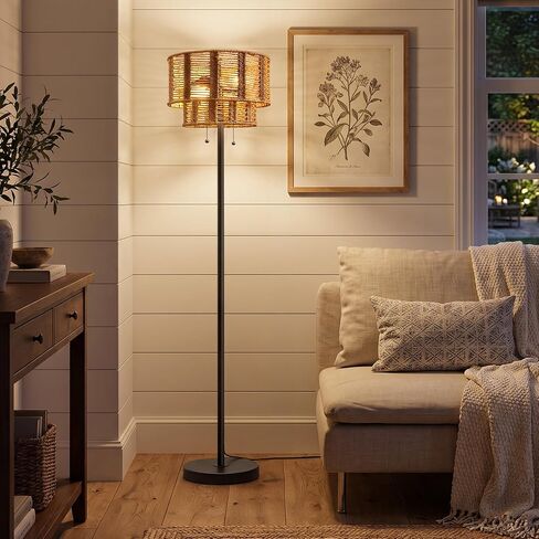 60" Farmhouse Floor Lamps for Living Room, Pull Chain&Rattan Shade | Modern Boho Standing Tall lamp, Metal Base&Pole, Hand-Woven Lampshade, Decor for bedroom, bedside, Nursery, Office, Black in Kuwait
