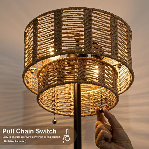 60" Farmhouse Floor Lamps for Living Room, Pull Chain&Rattan Shade | Modern Boho Standing Tall lamp, Metal Base&Pole, Hand-Woven Lampshade, Decor for bedroom, bedside, Nursery, Office, Black in Kuwait