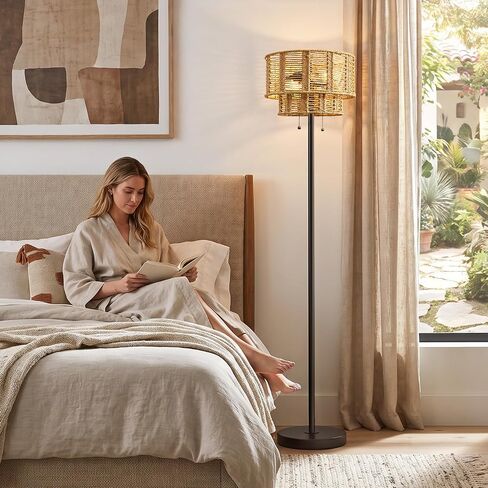 60" Farmhouse Floor Lamps for Living Room, Pull Chain&Rattan Shade | Modern Boho Standing Tall lamp, Metal Base&Pole, Hand-Woven Lampshade, Decor for bedroom, bedside, Nursery, Office, Black in Kuwait