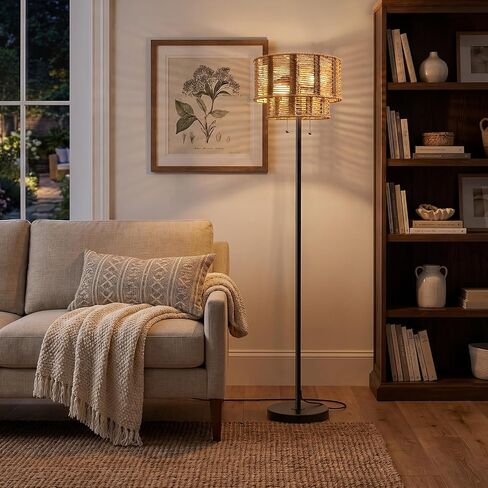 60" Farmhouse Floor Lamps for Living Room, Pull Chain&Rattan Shade | Modern Boho Standing Tall lamp, Metal Base&Pole, Hand-Woven Lampshade, Decor for bedroom, bedside, Nursery, Office, Black in Kuwait