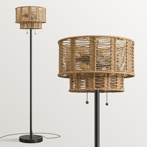 60" Farmhouse Floor Lamps for Living Room, Pull Chain&Rattan Shade | Modern Boho Standing Tall lamp, Metal Base&Pole, Hand-Woven Lampshade, Decor for bedroom, bedside, Nursery, Office, Black in Kuwait