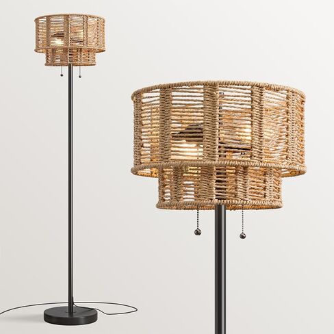 60" Farmhouse Floor Lamps for Living Room, Pull Chain&Rattan Shade | Modern Boho Standing Tall lamp, Metal Base&Pole, Hand-Woven Lampshade, Decor for bedroom, bedside, Nursery, Office, Black in Kuwait