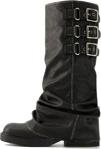 Women Fold Over Knee High Boots Square Toe Chunky Heel Riding Biker Boots with Buckles Casual Fashion Pull On Goth Slouchy Wide Calf Boots in Saudi Arabia
