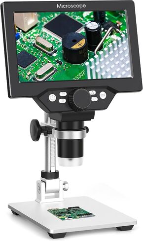 Digital Microscope 50-1200X with 7" LCD Screen for Coins & Soldering | 12MP Photo Capture 1080P Video Recording Stable Metal Stand Adjustable LED Lighting Windows PC Compatible in Kuwait