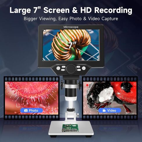 Digital Microscope 50-1200X with 7" LCD Screen for Coins & Soldering | 12MP Photo Capture 1080P Video Recording Stable Metal Stand Adjustable LED Lighting Windows PC Compatible in Kuwait