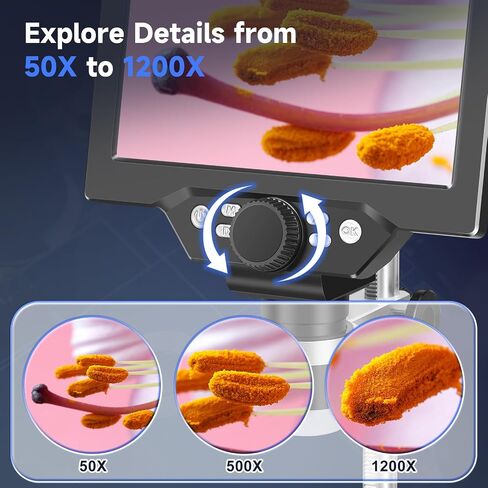 Digital Microscope 50-1200X with 7" LCD Screen for Coins & Soldering | 12MP Photo Capture 1080P Video Recording Stable Metal Stand Adjustable LED Lighting Windows PC Compatible in Kuwait