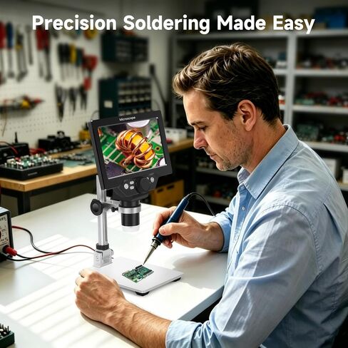 Digital Microscope 50-1200X with 7" LCD Screen for Coins & Soldering | 12MP Photo Capture 1080P Video Recording Stable Metal Stand Adjustable LED Lighting Windows PC Compatible in Kuwait