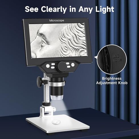 Digital Microscope 50-1200X with 7" LCD Screen for Coins & Soldering | 12MP Photo Capture 1080P Video Recording Stable Metal Stand Adjustable LED Lighting Windows PC Compatible in Kuwait