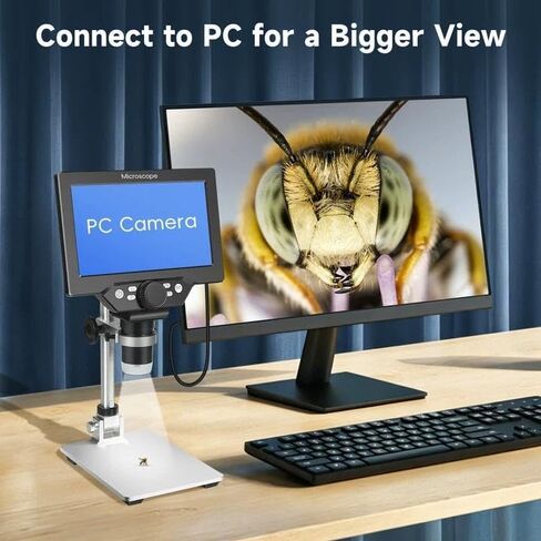 Digital Microscope 50-1200X with 7" LCD Screen for Coins & Soldering | 12MP Photo Capture 1080P Video Recording Stable Metal Stand Adjustable LED Lighting Windows PC Compatible in Kuwait