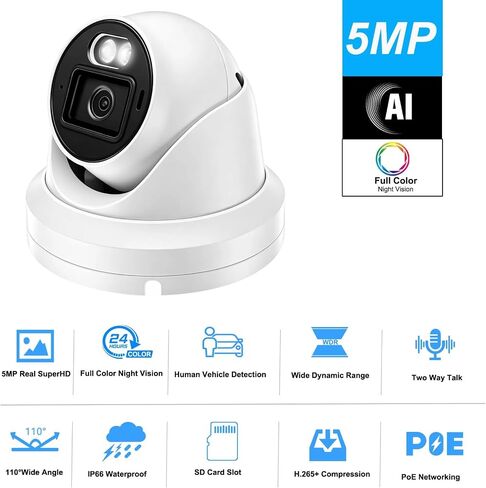 5MP Full Color PoE IP Security Camera with F1.0 Aperture for House, Outdoor | Human/Vehicle Detection, SD Card Slot, 100ft Night Vision, Two Way Talk IP Camera, IP66 Waterproof Security Cameras Outdoor in Kuwait