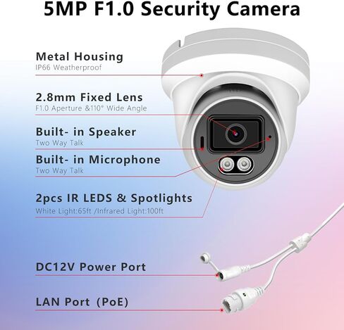 5MP Full Color PoE IP Security Camera with F1.0 Aperture for House, Outdoor | Human/Vehicle Detection, SD Card Slot, 100ft Night Vision, Two Way Talk IP Camera, IP66 Waterproof Security Cameras Outdoor in Kuwait