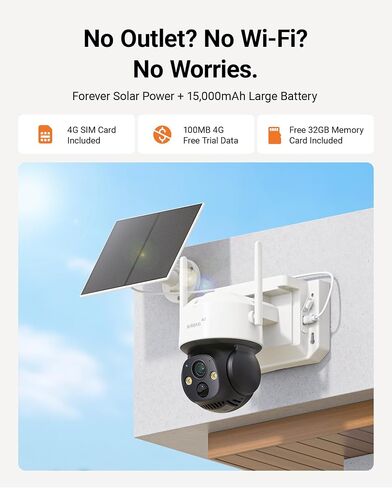 Anlapus 4G LTE Cellular Security Camera, 4MP 2.5K Solar Powered Camera | Outdoor, Pan/Tilt with 360° View, Human Detection, Auto Tracking, Color Night Vision, Included SIM Card & 32GB Memory Card in Kuwait