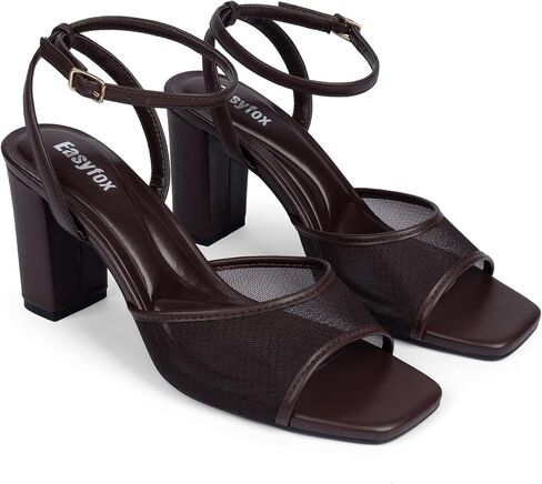 Easyfox Chocolate Heels Women Open Toe Mesh Chunky High Heel Sandals, 11 | Breathable Mesh Upper, Square Toe, Chunky Block Heel, Cushioned Insole, Dress Sandals for Dates,Wedding and Daily Outfits in Saudi Arabia