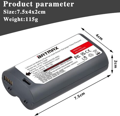Batmax 1Pack USB-C بطارية ليثيوم أيون قابلة للشحن للوحة مفاتيح فيديو myQ Smart Garage، 7000 مللي أمبير، 3.7 فولت in Kuwait