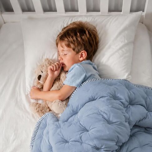 zzlamb 100% Cotton Cover Toddler Comforter, Ultra Soft Lightweight Breathable Baby Blanket for Crib, Reversible All Season Kid Quilt Down Alternative Duvet Insert Machine Washable, 34x47in Navy Stripe in Saudi Arabia