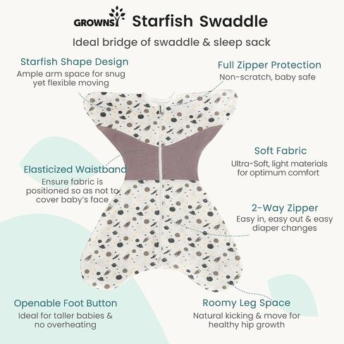 GROWNSY Swaddle Sleep Sack 6-9 Months, Starfish Design Baby Swaddle Sack, Dual-Zipper for Easy Diaper Changes, Proper Hip Development & Openable Foot Button, 19-27 lbs, Space Tourism in Saudi Arabia