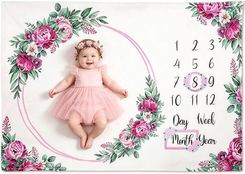 Monthly Milestone Blanket for Baby Girl Growth Chart Gift | Soft Age Month Blanket with 16 Holiday Stickers Newborn Photo Prop Nursery Decor Bliss Baby Gift Floral Peony Theme 60"x40" in Saudi Arabia