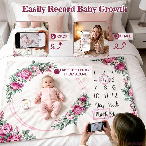 Monthly Milestone Blanket for Baby Girl Growth Chart Gift | Soft Age Month Blanket with 16 Holiday Stickers Newborn Photo Prop Nursery Decor Bliss Baby Gift Floral Peony Theme 60"x40" in Saudi Arabia
