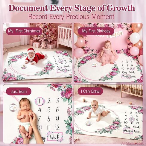 Monthly Milestone Blanket for Baby Girl Growth Chart Gift | Soft Age Month Blanket with 16 Holiday Stickers Newborn Photo Prop Nursery Decor Bliss Baby Gift Floral Peony Theme 60"x40" in Saudi Arabia