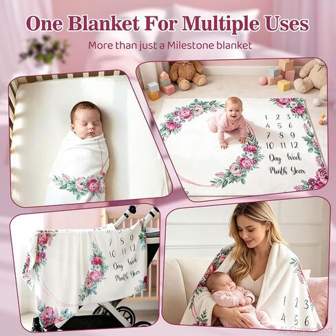 Monthly Milestone Blanket for Baby Girl Growth Chart Gift | Soft Age Month Blanket with 16 Holiday Stickers Newborn Photo Prop Nursery Decor Bliss Baby Gift Floral Peony Theme 60"x40" in Saudi Arabia
