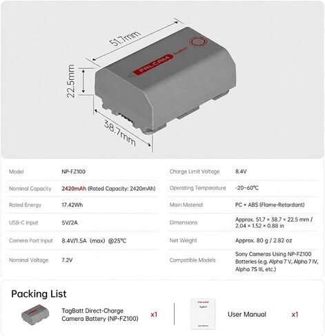 FALCAM TagBatt NP-FZ100 Battery for Sony Cameras, Apple Find My Certified, 2420mAh USB-C Rechargeable Camera Battery, Full Decoding, Compatible with Sony A7 IV/A7R V/A7S III/A6700/FX3/FX30/ZV-E1 in Kuwait
