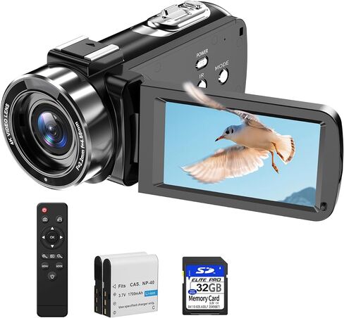 4K Video Camera Camcorder, 56MP 16X 270° Rotation Touchscreen WiFi IR Night | Camcorder Camera with 32GB Card Remote Control 2 Batterie LED Fill Light 3" IPS Touchscreen, Support of HD output Ext Mic in Kuwait