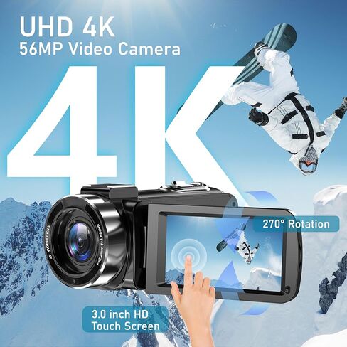4K Video Camera Camcorder, 56MP 16X 270° Rotation Touchscreen WiFi IR Night | Camcorder Camera with 32GB Card Remote Control 2 Batterie LED Fill Light 3" IPS Touchscreen, Support of HD output Ext Mic in Kuwait